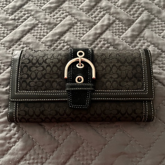 Coach Signature Black Leather & Canvas Silver Buckle Button Long Wallet - Picture 1 of 9
